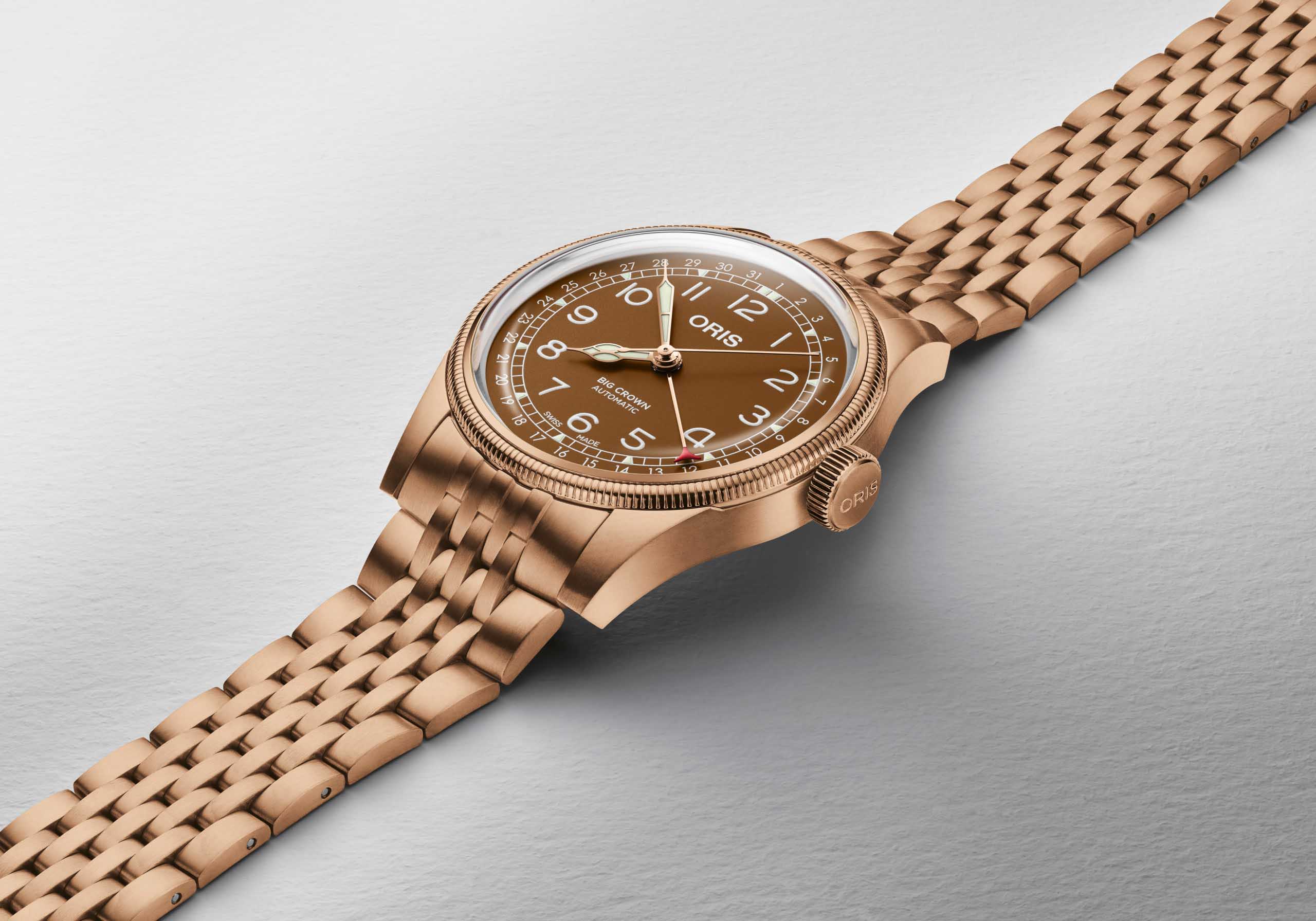 Oris Oris Big Crown Bronze Pointer Date 01 754 7741 3166-07 8 20 01, big crown швейцария мужские часы на браслете бронза боковой вид